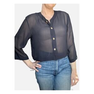 VTG Citron Silk Sheer Cropped Button Front Blouse Navy Blue Medium